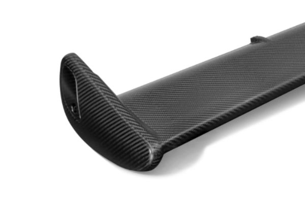 Close-up of endplate on MUSE Dry Carbon Main Wing - Skyline GT-R BNR34, showcasing carbon weave texture and aerodynamic contour.