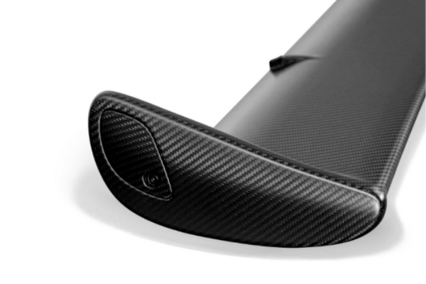 Zoomed-in angle of MUSE Dry Carbon Main Wing - Skyline GT-R BNR34, emphasizing the precision-molded carbon fiber endplate.
