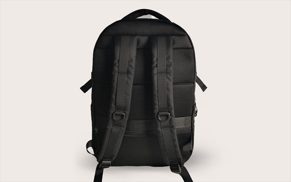 Rear view of GREDDY Backpack 45L featuring padded shoulder straps and breathable mesh back panel for comfort and support.