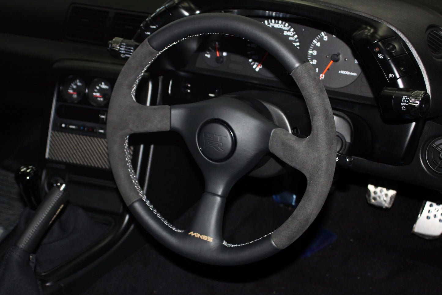 Mine's Leather 355mm Steering Wheel Gray Stitch - Skyline BNR32 ##875111006