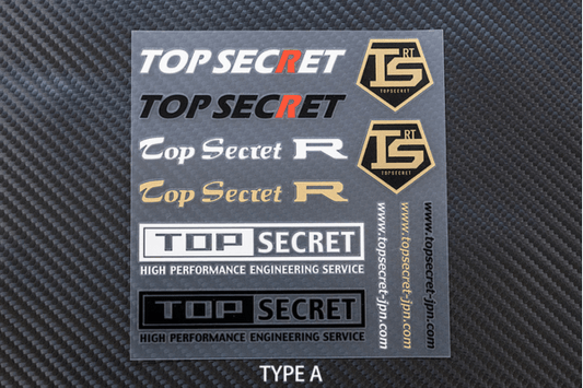 Top Secret TS Sticker - Type A | Size 125mm x 120mm featuring multiple logo designs in gold, silver, black, and red on a carbon fiber background.