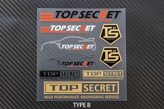 TS Sticker Type B - Order & Size Info | Top Secret features a 125mmx120mm sheet with multiple Top Secret Racing Team logos and gold TS emblems. Ideal for home decor customization or branding on door mats.