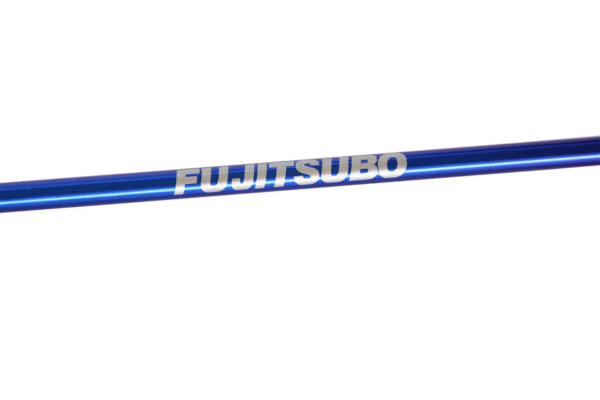 Close-up of FUJITSUBO branding on the EXH+ Hood Support rod in blue titanium finish for Skyline BNR34 exterior upgrade.