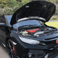 FUJITSUBO EXH+ Hood Support installed on Honda Civic Type R FK8 with hood open, enhancing engine bay accessibility.