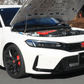 FUJITSUBO EXH+ Hood Support installed on a Honda Civic Type R FL5 with hood open, showcasing titanium burnt color gradation rod.